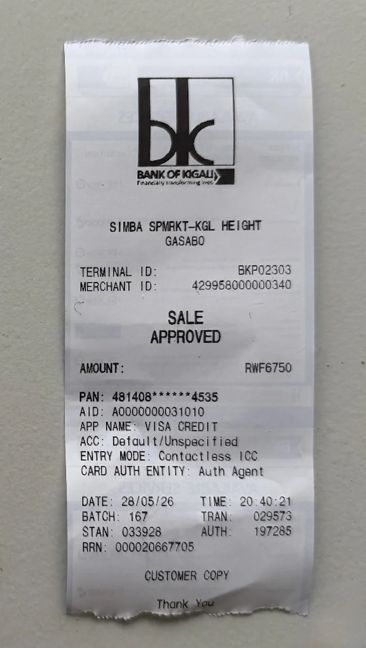 Bank of Kigali card receipt with the amount altered by AI