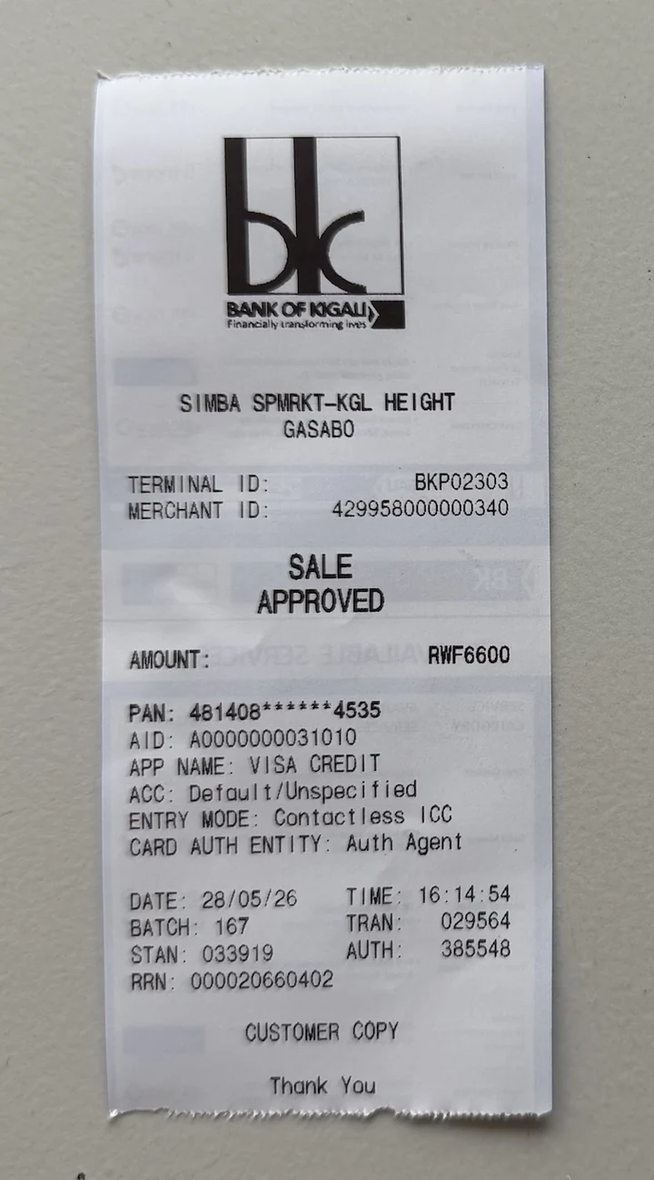 Authentic Bank of Kigali card receipt