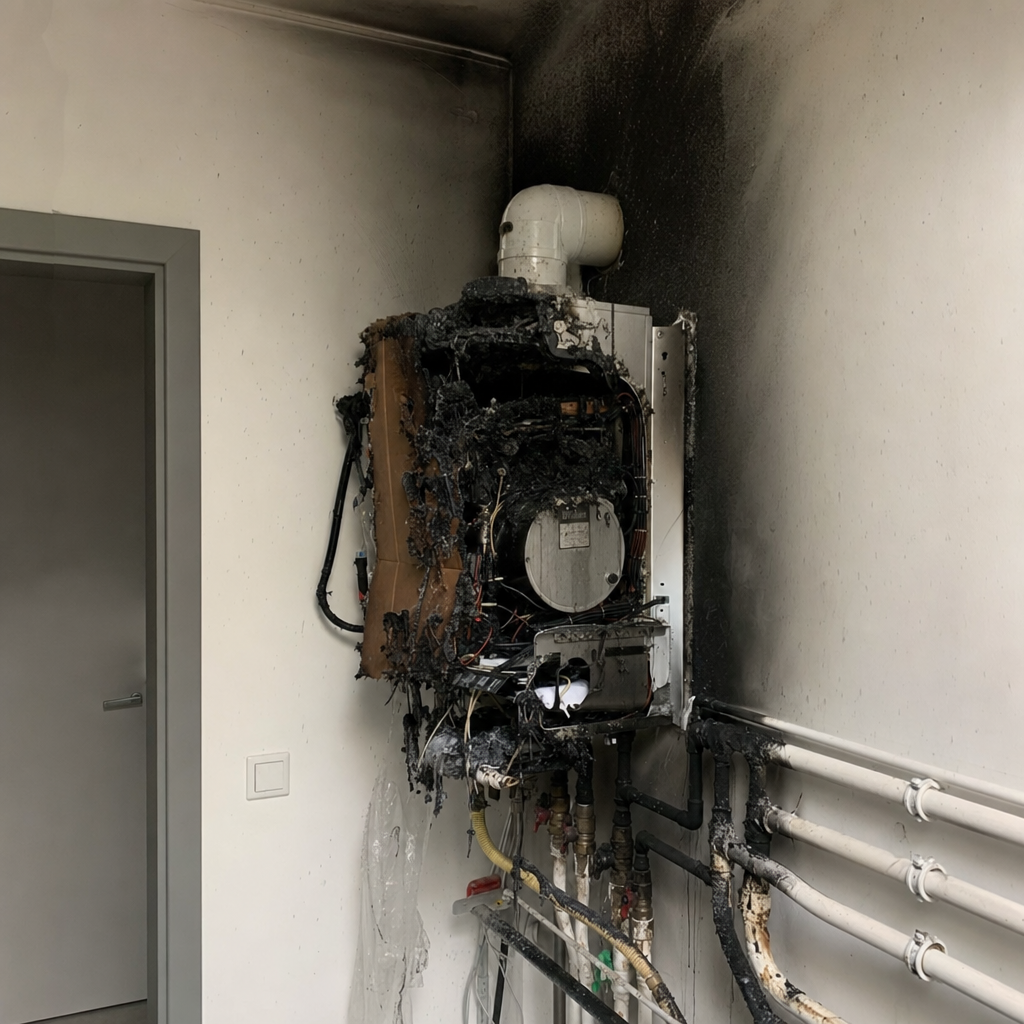 AI-generated burned-boiler claim photo